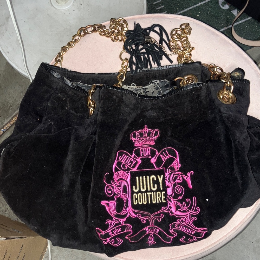 Juicy Couture Black Velvet Bag with Pink Embroidery